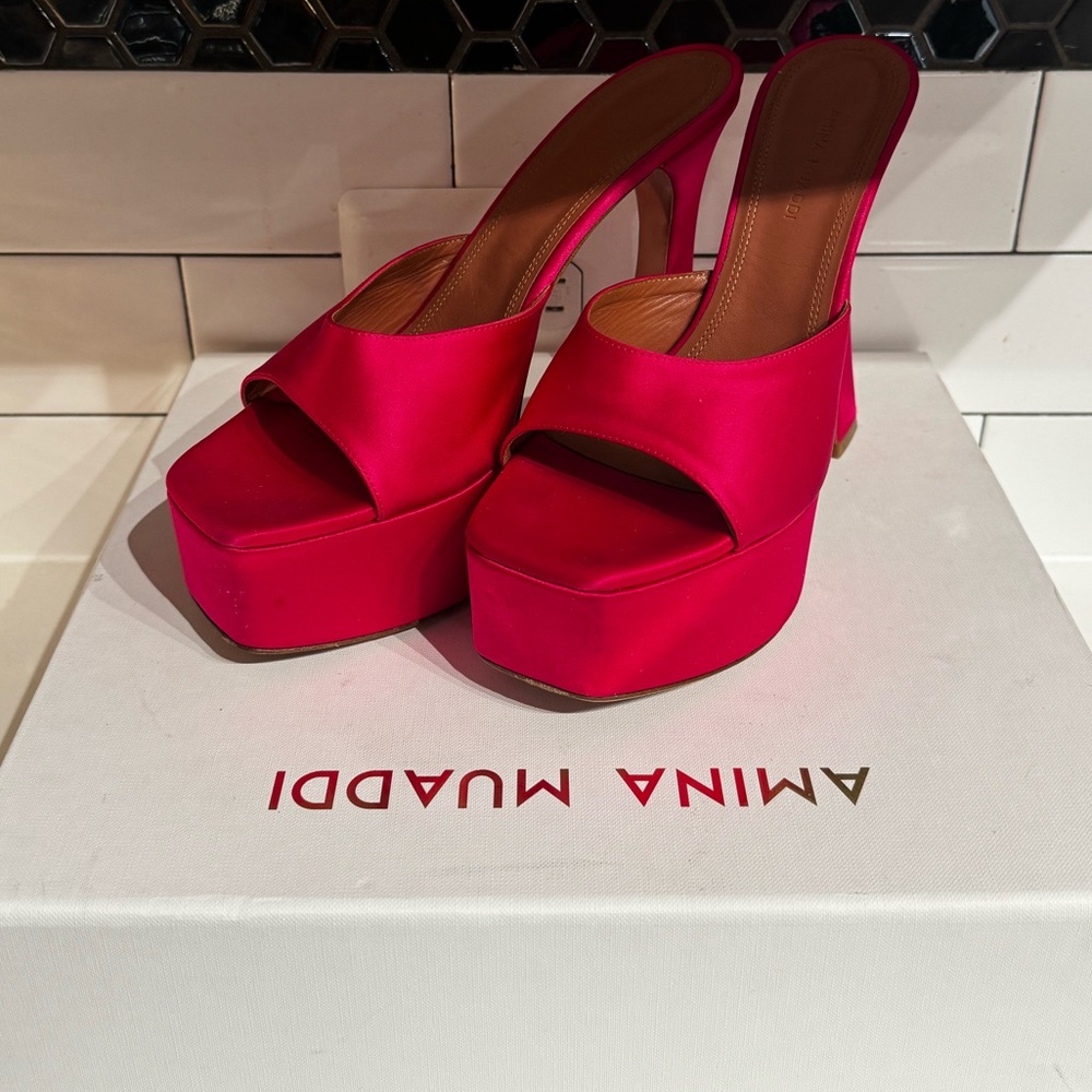 Amina Muaddi Satin Wedge Mule